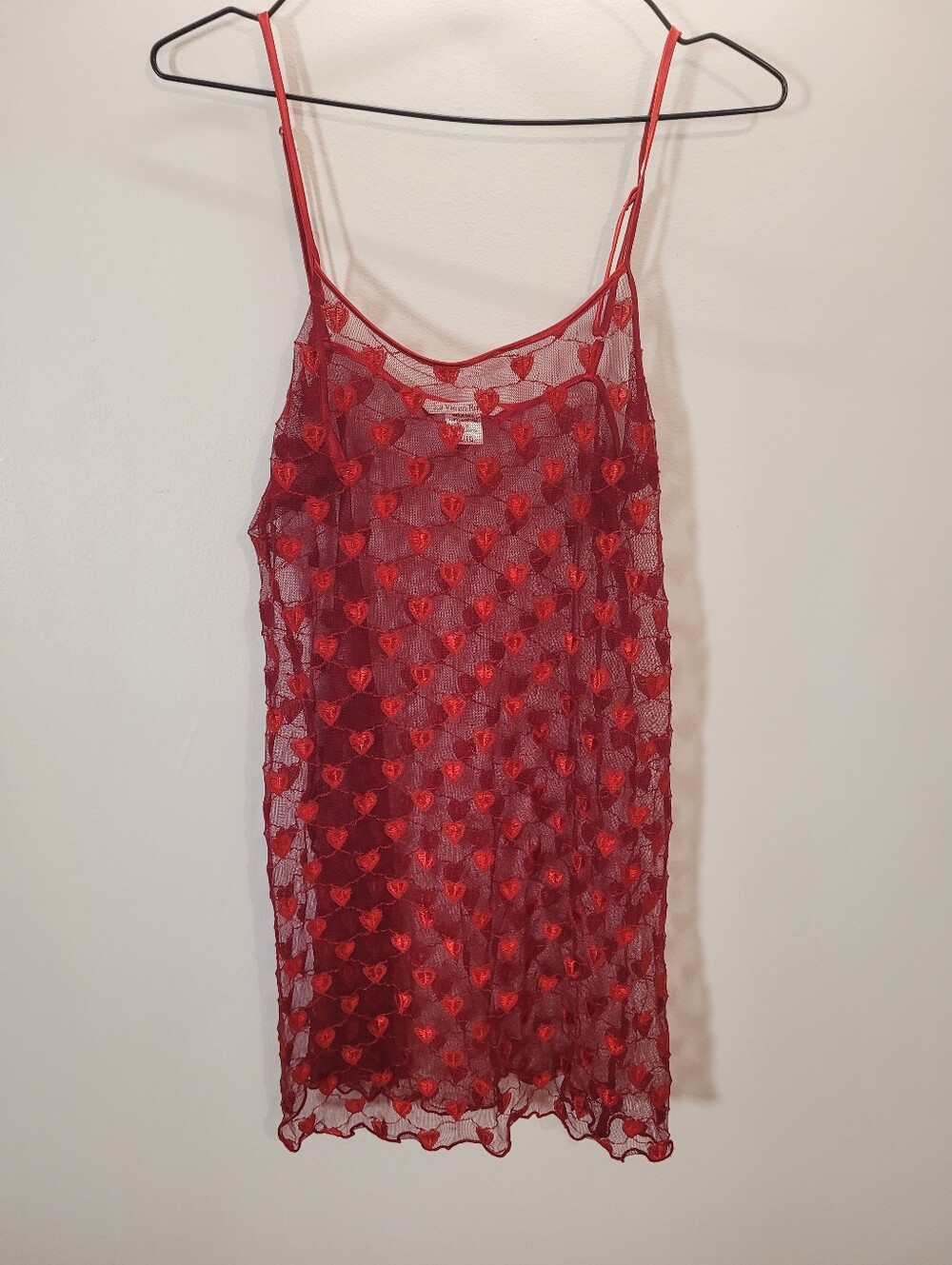 Vintage La Vie En Rose Romantic Red Heart Sheer Mesh Chemise Slip Dress - XL